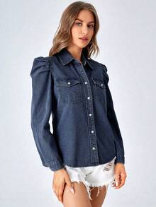 EMERY ROSE Plus Size Women's Single-Breasted Raglan Sleeve Casual Pocket Denim Shirt - Blue - View 5