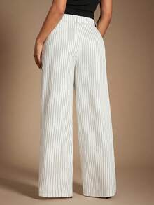 Radiana 女士简约现代条纹西装裤，高腰裤，蓝色裤子，条纹裤，超宽松阔腿裤，休闲裤，商务裤，适合休闲外出、商务、办公室、通勤、正式场合 - 白色 - 查看 3