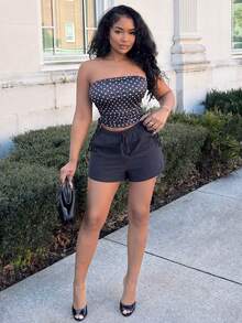 Alexandranx 女式休闲简约 Y2K 黑白波尔卡圆点印花褶饰系带短款上衣 - 彩色 - 查看 1