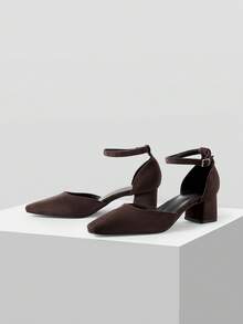 Mnmlis Tacones altos para mujer para exteriores, zapatos de moda de tacón grueso y punta cuadrada, versátiles, de ante y con diseño hueco, para primavera, verano, otoño e invierno - Café - Ver 6
