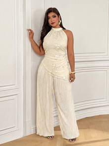 Femmeverse Bộ 2 món dành cho nữ cỡ lớn, gồm áo lưới thêu hoa, vạt bất đối xứng và quần ống rộng, màu mơ nhạt. - Màu be - Xem 6