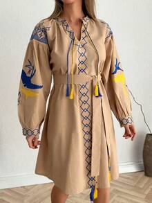Women's Bohemian Style Embroidered Long Sleeve Belted Midi A-Line Dress, Black - Beige - View 4