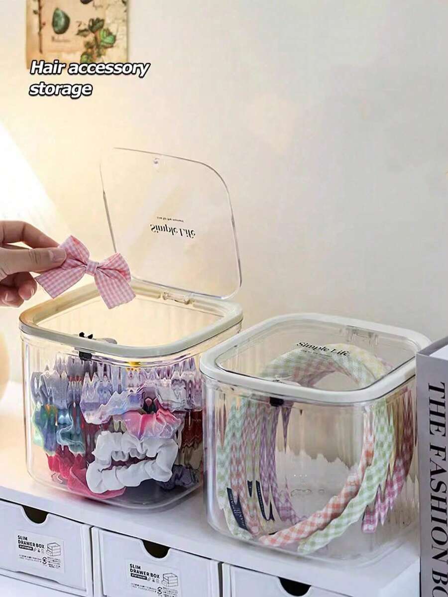 1PC Hair Accessory Storage Box, Transparent Large Capacity Covered Jewelry Box, Girls' Rubber Bands, Headbands, Hair Clips, Hair Ring Classification Box, Elastic Lid Storage Can, Waterproof And Dustproof, Thick And Textured, Suitable For Bathrooms, Bedrooms, Campus Dormitories, Travel - Clear - View 1