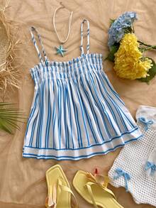 Soleia Vestido de verano con volantes y tirantes a rayas para vacaciones en la playa - Azul y blanco - Ver 2