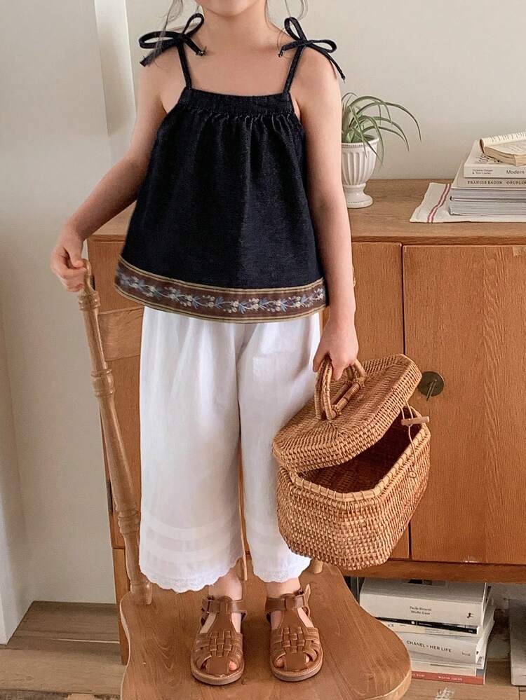 Young Girl Casual Floral Print Camisole Denim Top, Summer Vacation