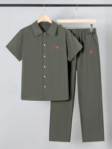 Vacaura 两件套青少年夏季套装，包括纽扣衬衫和宽松长裤，休闲日常穿着套装 - 軍綠色 - 查看 6