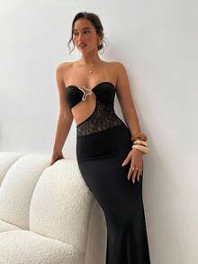 Aloruh 女士夏季新款纯黑色无肩带连衣裙，性感镂空蕾丝拼接连衣裙，现代金属装饰连衣裙，夏季套装，海滩度假连衣裙，波西米亚热带风情度假装 - 黑色 - 查看 5