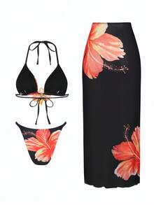 Swim Oasis 夏季性感3D印花配套3D花卉装饰比基尼套装，含防晒纱笼 - 彩色 - 查看 4