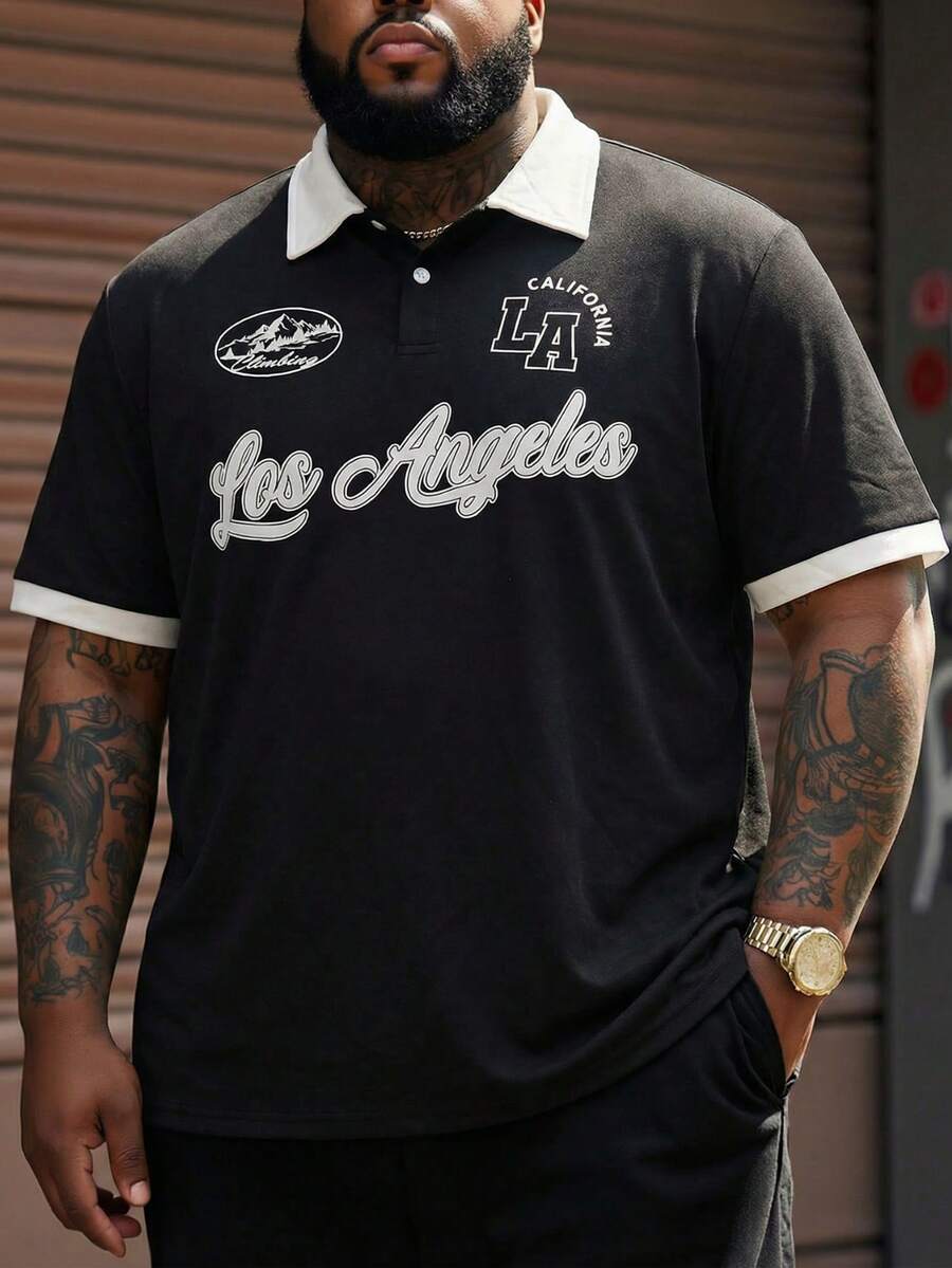 Manfinity Homme Camisa polo con bloque de color y estampado de letras para hombres talla grande - Negro - Ver 1