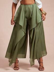 Vixey High Waist Textured Chiffon Fully Lined Culotte Pants - Army Green - View 2