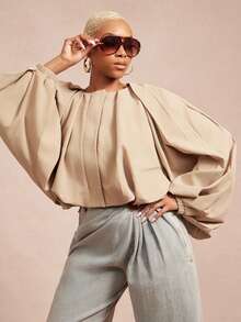 Vixey Solid Woven Zip Up Batwing Balloon Sleeve And Hem Lightweight Jacket - Khaki - View 1