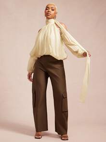 Vixey 露肩气球褶边吊带围巾上衣 - 卡其色 - 查看 3