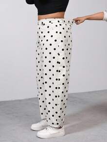 SHEIN PETITE CURVE 夏季加大码 PETITE CURVE 女士黑白波点口袋纽扣喇叭阔腿牛仔裤，休闲夏季度假装扮，时尚百搭，适合度假穿着。 - 白色 - 查看 3