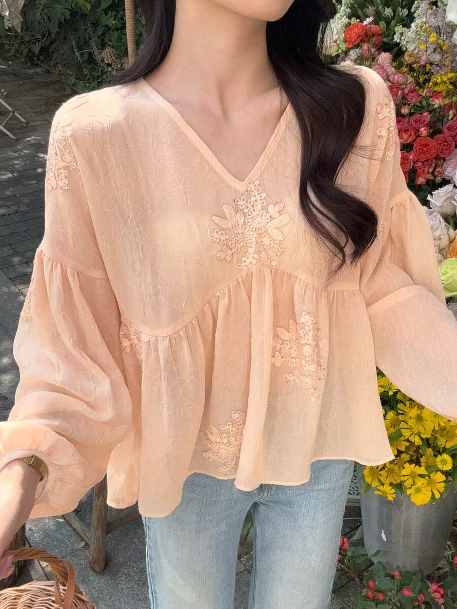 DAZY 女士V领褶皱A字长袖亮片优雅衬衫 - 粉色 - 查看 1