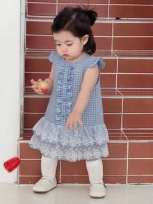 DAZY Baby Girl Round Neck Cap Sleeve Plaid Embroidered Ruffle Hem Cute Dress - Yellow - View 4