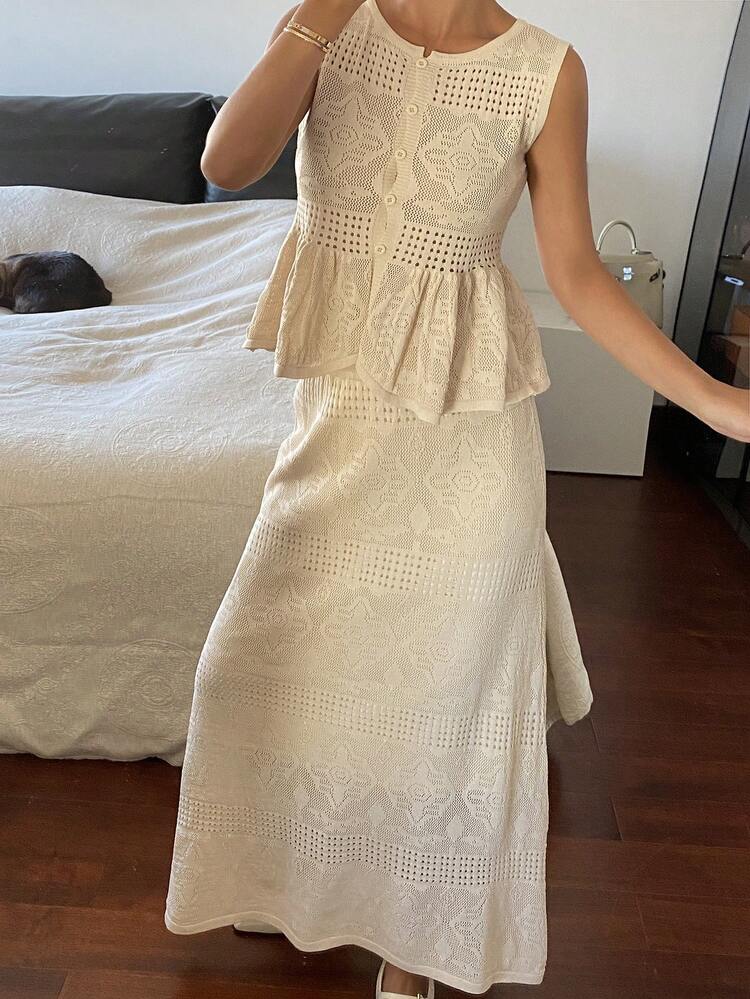 Women's Round Neck Sleeveless Frill Trim Cardigan And Loose Straight Long Skirt Elegant Vacation Style Knit 2-Piece Set Summer