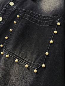 ROMWE MEN Camisa vaquera de manga corta con un solo pecho decorada con perlas falsas para hombres - Negro - Ver 8