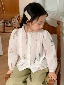 DAZY Áo sơ mi dài tay cổ đứng in hoa, cài một hàng khuy, kiểu dáng thường ngày, đa năng, thích hợp cho bé gái, thích hợp mặc mùa hè. - Nhiều màu - Xem 3