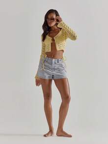 MUSERA Deep V Open Bead Detail Front Flared Sleeve Crochet Top Cute Beach Coverup Summer Spring Holiday Going Out Swim Sexy Crochet Knit - Yellow - View 3