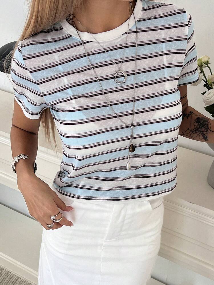 Women's Striped Color Block Round Neck Basic Casual T-Shirt, Suitable For Music Festival, Valentine's Day, Wedding, Street, Outdoor, Beach, Commute, Spring & Summer