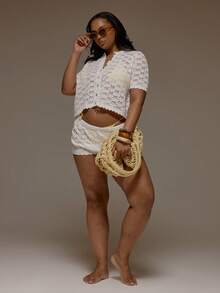 MUSERA Plus Size Crochet Patterned Knit Top And Shorts Set Co-Ord Spring Summer Vacation Beach Holiday Cover Up Cute - White - View 3