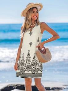 Sylviya 女士U领金属环装饰A字下摆印花休闲度假无袖连衣裙 女士夏季沙滩裙套装 女士度假装 女士度假连衣裙 波西米亚风女装 - 黑與白 - 查看 4