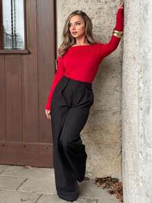 Jeta Ari 黑色上衣；女式性感撞色系带露背修身T恤；女式圆领长袖纯黑色修身蝴蝶结上衣，适合约会，年轻性感，日常外出，秋季服装，日常约会旅行装；日常外出办公装 - 紅色 - 查看 6