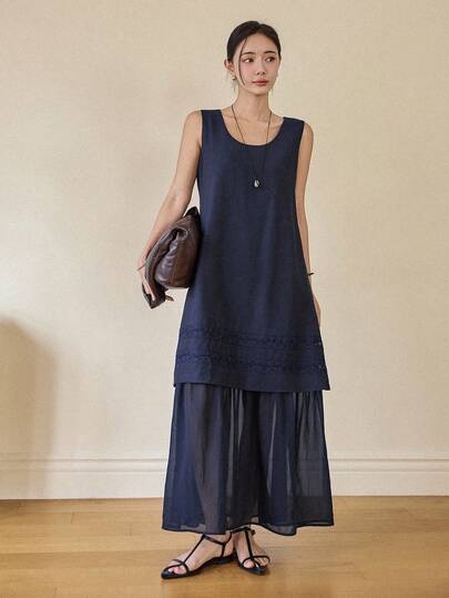 Dazy-Less Vestido casual de verano de cuello redondo y unicolor para mujeres, ideal para vacaciones y citas