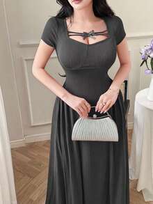 Feyla Women's Solid Color Bow Decor Short Sleeve Elegant Dress - Dark Grey - View 6