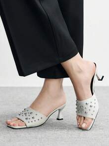 CUCCOO BIZCHIC Women's Studded Square Toe Heeled Mules Slip On Dress Sandals - White - View 3