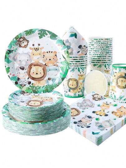 Jungle Green-Edged Animal Disposable Plates, Napkins, And Cups, Jungle Green-Edged Animal Plates, Napkins, And Cups For Party Supplies, Suitable For 25 Guests, Disposable Paper Plates For Party Tableware, Suitable For Birthday Parties, Weddings, Family Picnics