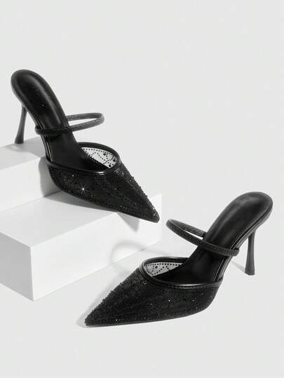 CUCCOO SZL Women's Pointed Toe Rhinestone Decor Elegant High Heel Mules