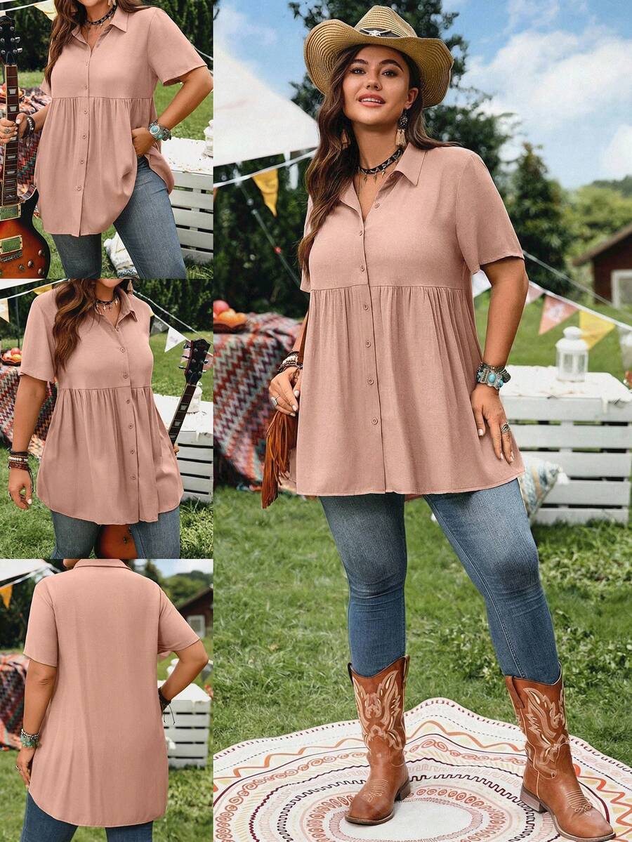 EMERY ROSE Short Sleeve Blue Button-Up Shirt, Casual Vacation Shirt With Longer Back, Plus Size, Suitable For Spring & Summer - Dusty Pink - View 1