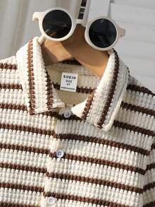 SHEIN 2pcs Young BoyTextured Stripe Knit Shirt And Shorts Set - Coffee Brown - View 6