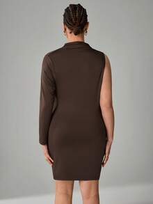 SHEIN Tall CURVE Mocha Fashionable High Neck Ruched Tie Waist Bodycon Skirt - Brown - View 2