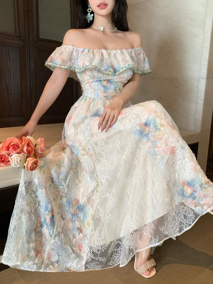 Vintage Square Neck Ditsy Floral Patchwork French Style Slim Fit Dress, Summer Sundress Off The Shoulder