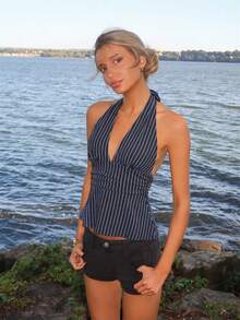 Sydney Algeri Halter Deep V-Neck Cinched Waist A-Line Backless Striped Tank Top - Grey - View 3