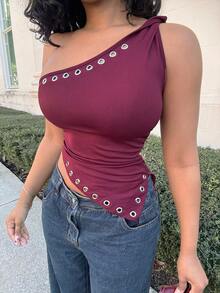 Alexandranx New Wine Red Rivet Hollow One-Shoulder Top, Sleeveless Wrap Top, Y2K Decadent Style, Metal Top, Autumn Women's Clothing Christmas Summer Burgundy Casual Burgundy - Burgundy - View 5