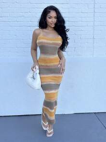 Alexandranx Glamine Elegant Women's Long Fitted Knit Dress, Sleeveless Autumn/Winter Earth Tone, Bodycon Summer Dress, Sunset Dress, Halloween, Women Dresses, Festival Outfits, Back To School, Halloween Clothes, Yellow Summer, Women At Work, Pale Yellow, Maillard Style, Chic Autumn, Best Seller Earth Tone Dress, Christmas - Multicolor - View 4
