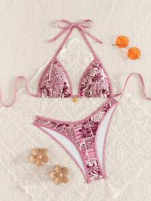 Swim Vcay 2件套 女士夏季度假随机印花金色太阳配饰吊带上衣和高衩复古比基尼泳装 - 彩色 - 查看 3