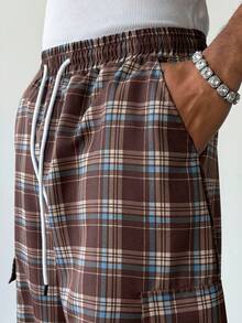 Manfinity Hypemode Men's Plaid Flap Pocket Drawstring Waist Cargo Pants - Coffee Brown - View 6