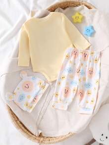 新生儿柔软面料黄色云朵星星可爱图案长袖连体衣套装 - 黃色 - 查看 2