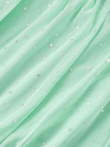 SHEIN MOD 时尚性感亮片装饰斜肩长袖透视T恤，杏色露肩网纱二合一喇叭袖长袖女式上衣，西部风，复古风，70年代风格，单身派对，秋季女装，圣诞节，黑色上衣，亮片上衣，派对装，黑色上衣 - 薄荷綠 - 查看 3