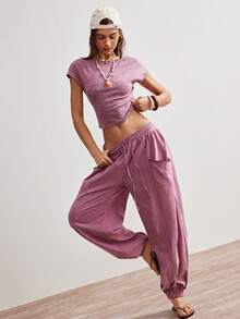 Bohemela 女士露背系带短袖上衣和阔腿裤休闲两件套 - 淺藍色 - 查看 3