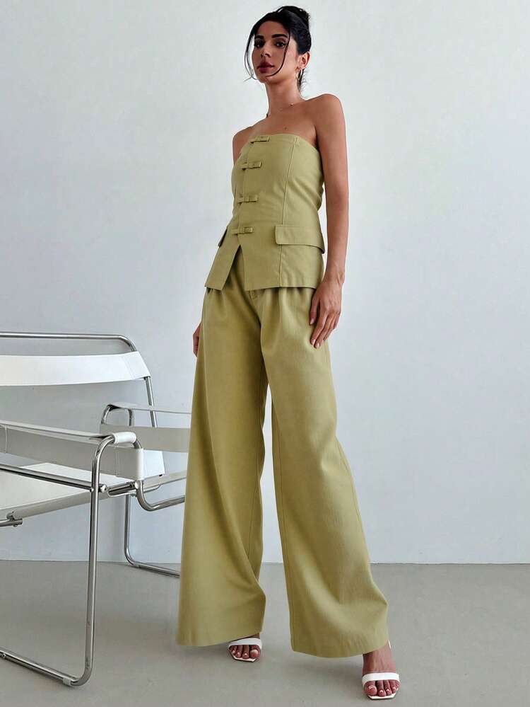 Conjunto de Top Strapless con Botones de Estilo Chino y Pantalones Amplios, Corte que Resalta la Silueta y Alarga la Figura, Tejido Ligero con Caída Perfecta para el Verano, Estilo Elegante y Único, Ideal para Citas y Eventos Sociales - Verde - Añade 3