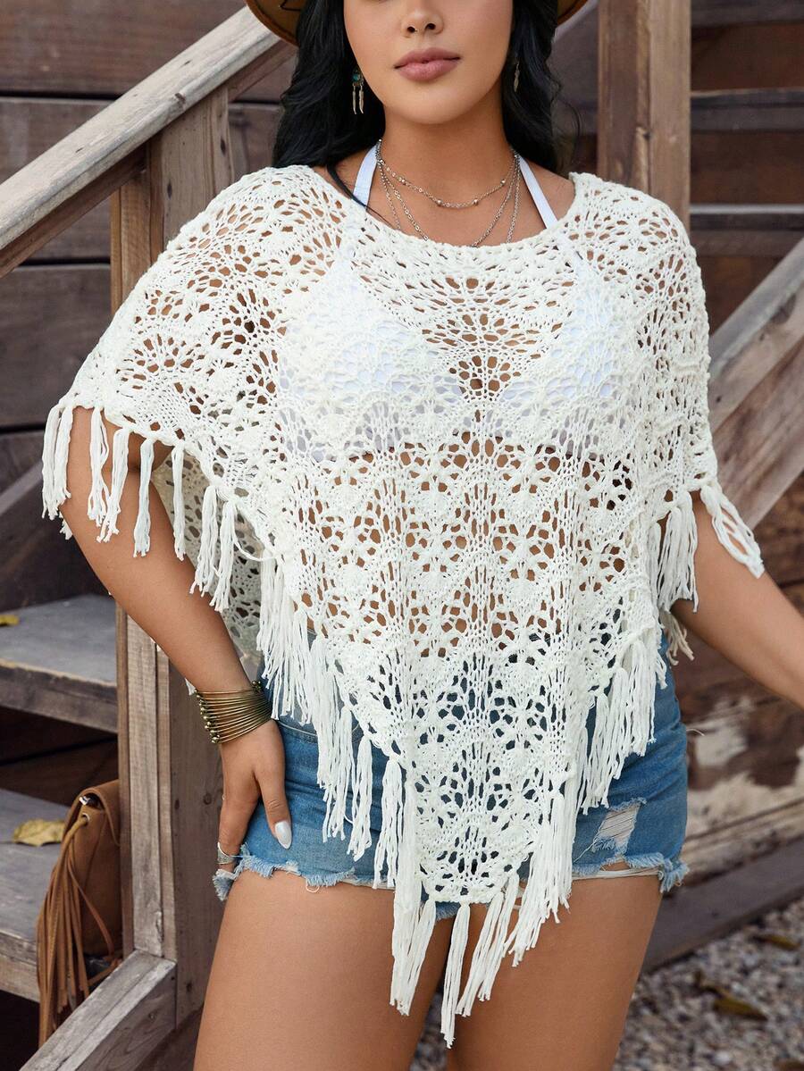 LanaWest CURVE Vacation-Inspired Relaxed Chic, Ivory Hollow-Out Fringe Knit Sweater. Delicate Hollow Texture Adds Sophistication, Long Fringe Flows Dynamically To Catch Attention. Shawl Collar Design Pairs Well With Various Undershirts, Exuding Casual Yet Stylish Vacation Vibe In Spring And Summer. - White - View 1
