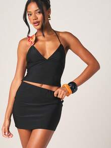 MISSGUIDED Black Halter Neck Crop Top And Bodycon Mini Skirt Two Piece Coord Set With Backless Tie Detail - Black - View 1