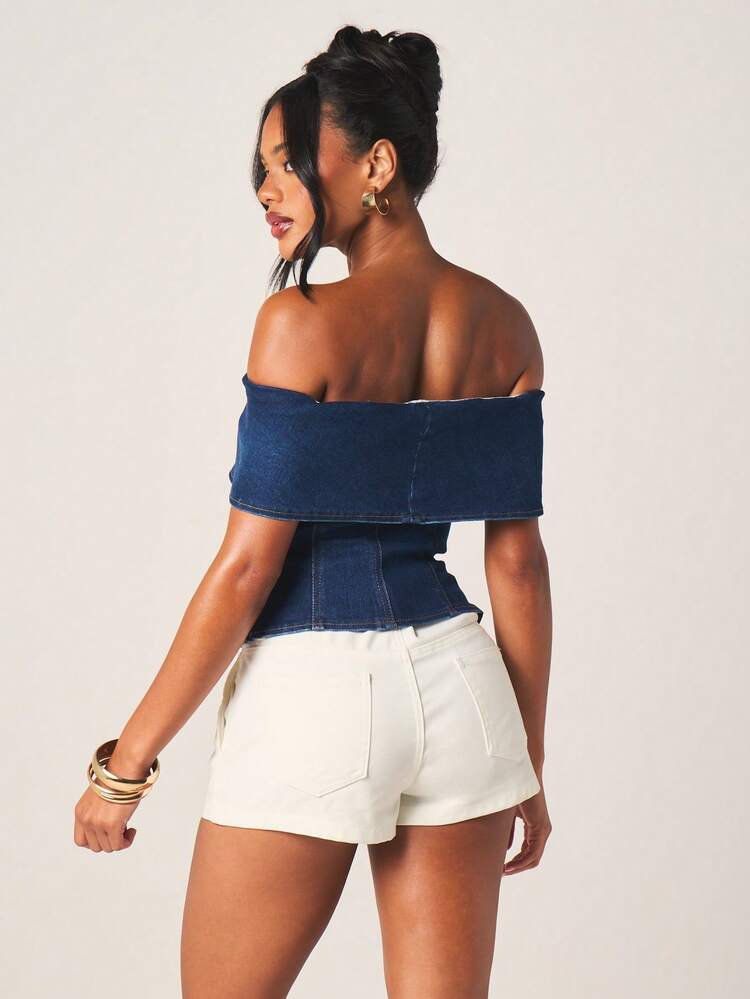 MISSGUIDED Off Shoulder Denim Bardot Top With Fold Detail
