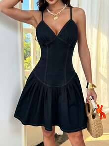 Breezaya Women's Backless Criss-Cross Ruffle Hem Fashion Spaghetti Strap Dress - Blue - View 5