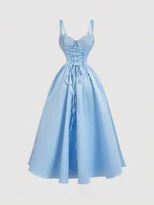 SHEIN MOD 女士纯色打结褶皱腰身优雅长裙，适合约会和派对穿着 - 藍色 - 查看 2